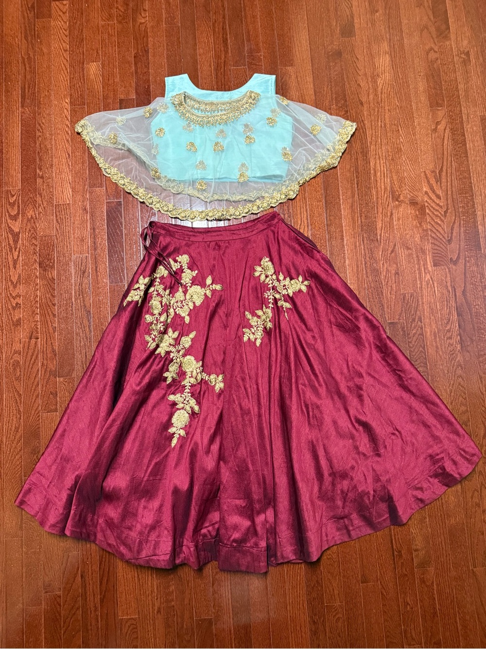 Embroidered Aqua Crop Top and Maroon Skirt Set